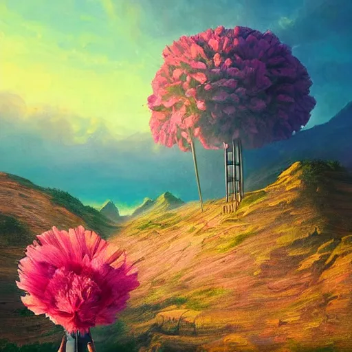 Image similar to giant carnation flower as a head, girl hiking in a canyon, surreal photography, sunrise, dramatic light, impressionist painting, colorful clouds, digital painting, artstation, simon stalenhag