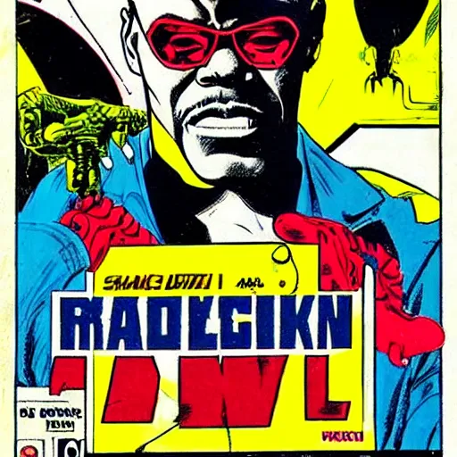 Prompt: Samuel L. Jackson as Tony Stark, comic book cover, art by Steve Ditko.