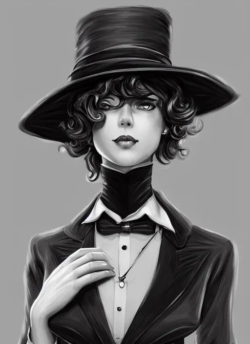 Image similar to a highly detailed illustration of curly short haired girl wearing noir hat and suit and tie, dramatic smiling pose, intricate, elegant, highly detailed, centered, digital painting, artstation, concept art, smooth, sharp focus, league of legends concept art, WLOP