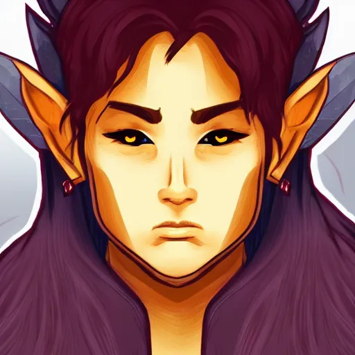 Prompt: dnd character illustration of a dark - skinned half - elf with messy red hair and golden eyes