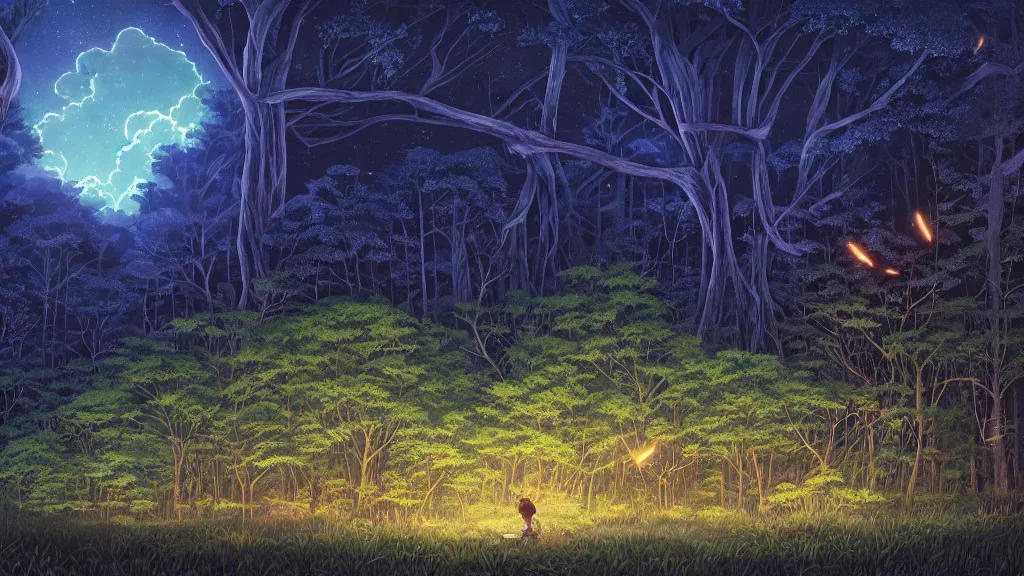 Prompt: highly detailed illustration of a an old giant forest with fireflies at night and lots of high exposure cummulonimbus clouds by makoto shinkai, by oliver vernon, by joseph moncada, by damon soule, by manabu ikeda, by kyle hotz, by dan mumford, by otomo, 4 k resolution