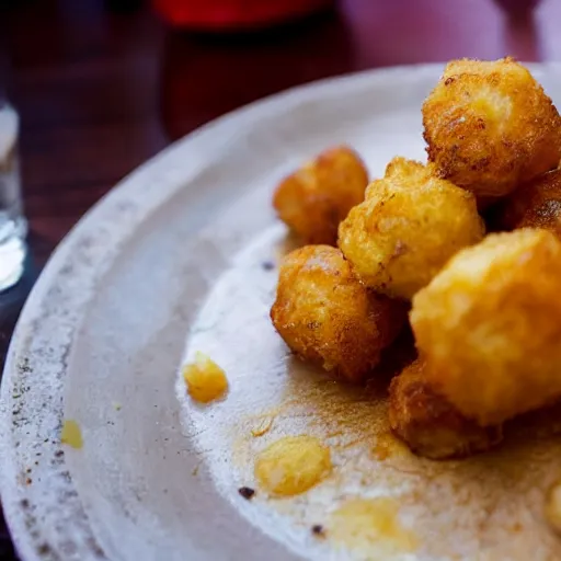 Image similar to food photo of channing tatum's face as tater tot on a plate with ketchup