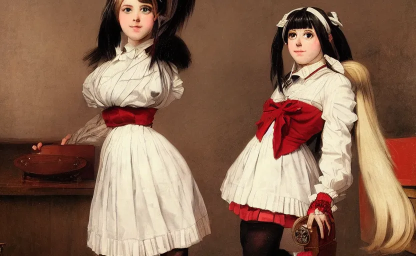 Prompt: school girl in victorian dress avril lavigne, school uniform, seifuku, pleated miniskirt, overknee socks, battle angel alita. by rembrandt 1 6 6 7, illustration, by konstantin razumov