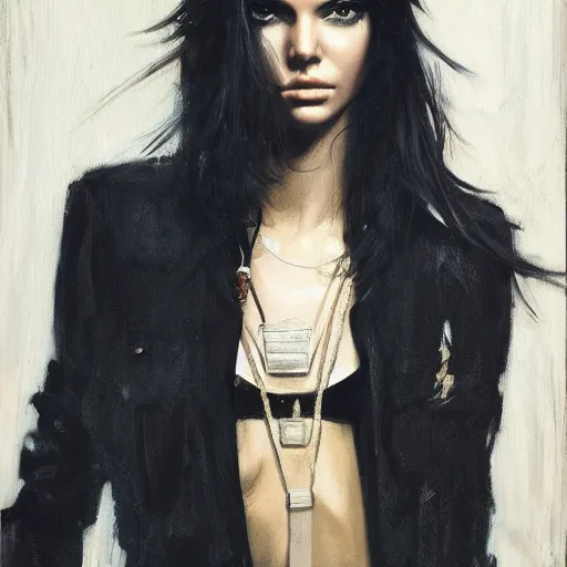 Image similar to fashion model kendall jenner by Alec Monopoly by Richard Schmid by Jeremy Lipking by moebius by atey ghailan