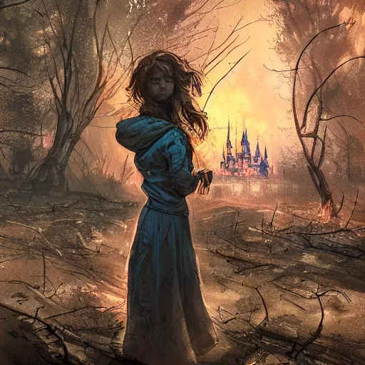 Image similar to a girl in chernobyl disneyland, disneyland castle, wasteland, forest fires light, digital illustration, by android jones and greg rutkowski, dark cloudy skies, detailed, cinematic lighting, wide angle action dynamic portrait