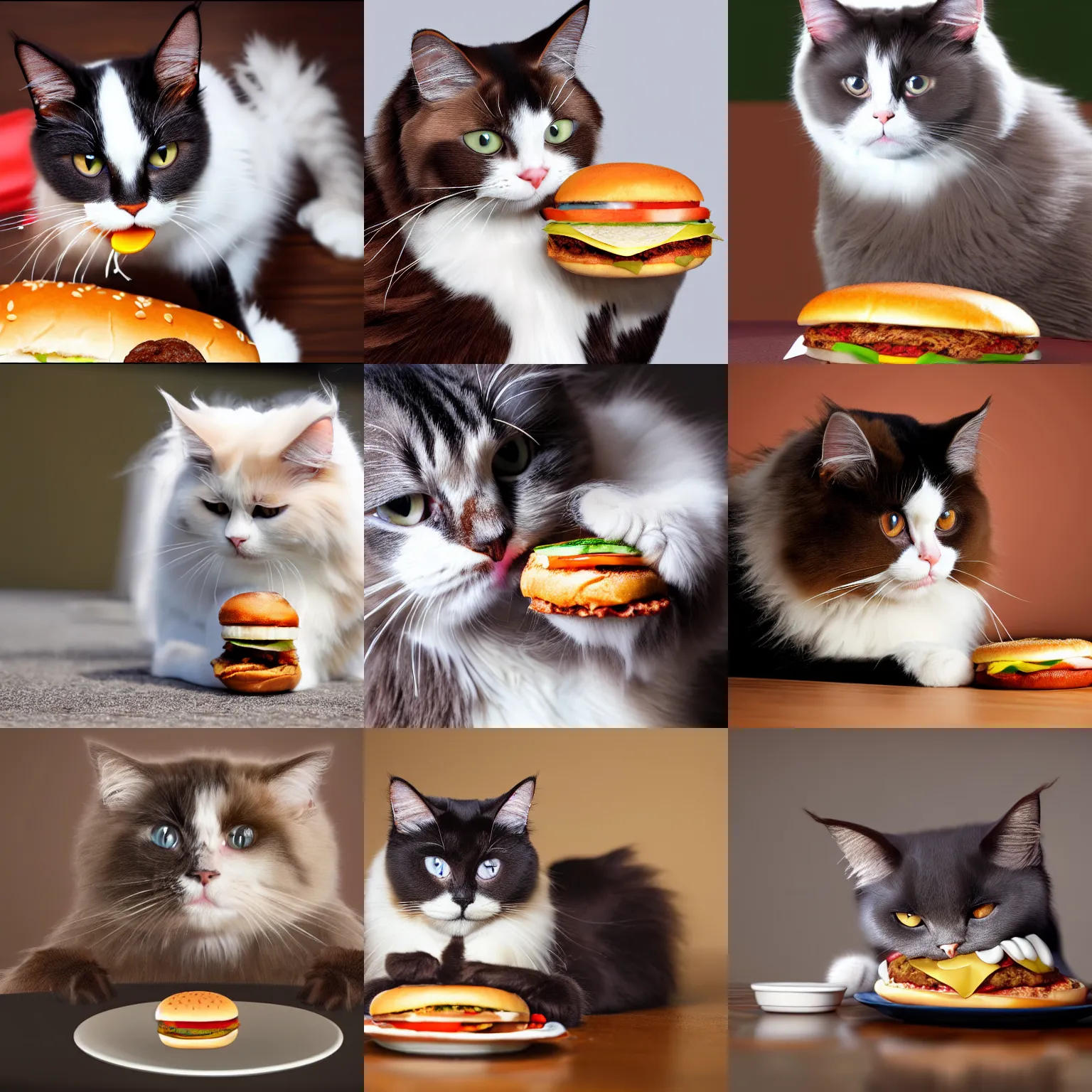 Prompt: a ragdoll cat is eating a hamburger, photorealistic, highly detailed, 4k, sharp