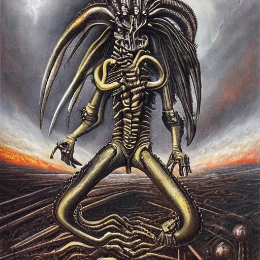 Image similar to painting by h. r. giger, fantasy demon rising from the ashes like a phoenix, metal album cover, punk, condemned to misery, terminate, metal, cloudy landscape, wide angle
