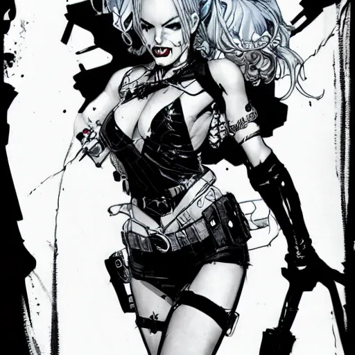 Image similar to dc vertigo Harley Quinn by yoji shinkawa and Ashley wood, black and white, detailed