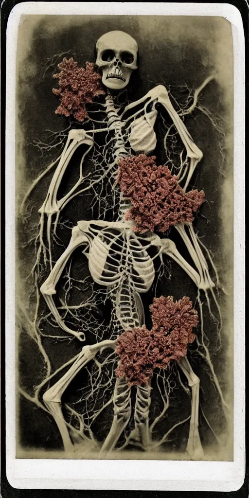 Image similar to an 1 9 1 0 polaroid photography of a very sad and detailed rotten woman corpse with fractal coral reefs and ornate growing all around, muscles, veins, arteries, bones, anatomical, skull, eye, ears, full body, intricate, surreal, ray caesar, john constable, guy denning, dan hillier, black and white