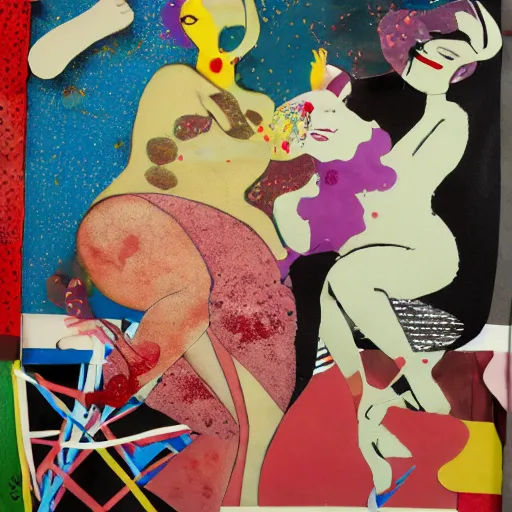 Image similar to two curvy women kissing at a carnival at dusk, mixed media collage, retro, paper collage, magazine collage, acrylic paint splatters, bauhaus, abstract claymation, layered paper art, sapphic visual poetry expressing the utmost of desires by jackson pollock