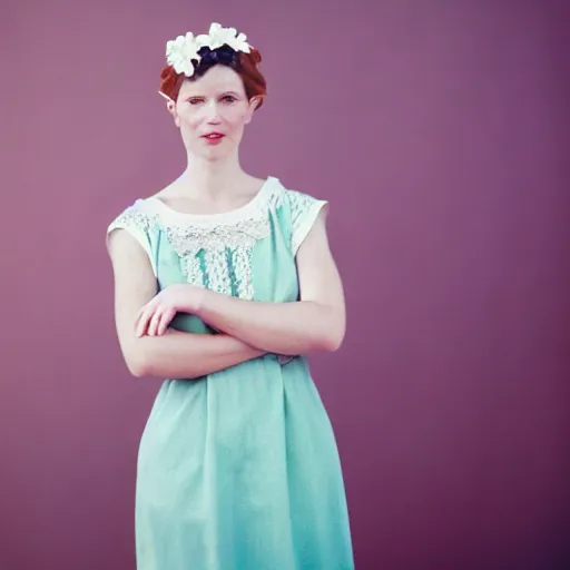 Image similar to a photograph of beautiful nordic woman wearing a white folkdrakt dress, she has a summer flower headband. against a teal studio backdrop. close - up. strong kodak portra 4 0 0 film look. film grain.