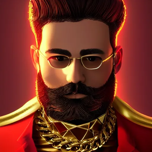 Image similar to a highly detailed full-length man with dark brown short hair, a dark beard, in black and red clothes, with a gold chain and a gold belt, artstation, DeviantArt, professional, octane render