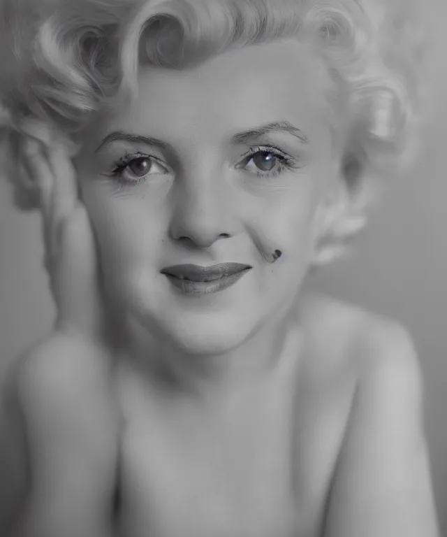 Image similar to dslr photo portrait still of 1 0 year old age 1 0 0 marilyn monroe at age 3 5!!!, 8 5 mm f 1. 8