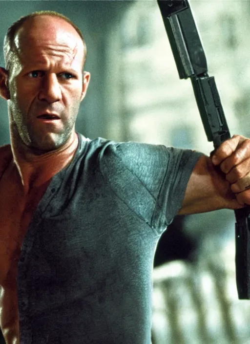 Image similar to film still of Jason Statham as John McClane in Die Hard, 4k