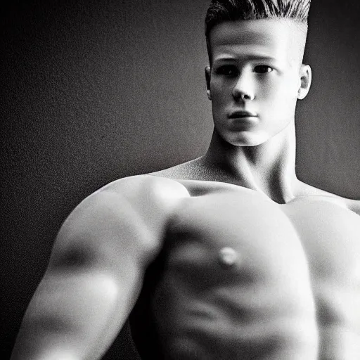 Image similar to “ a realistic detailed photo of a guy who is an attractive humanoid who is half robot and half humanoid, who is a male android, football player christian mccaffrey, shiny skin, posing like a statue, blank stare, on the bed, on display ”