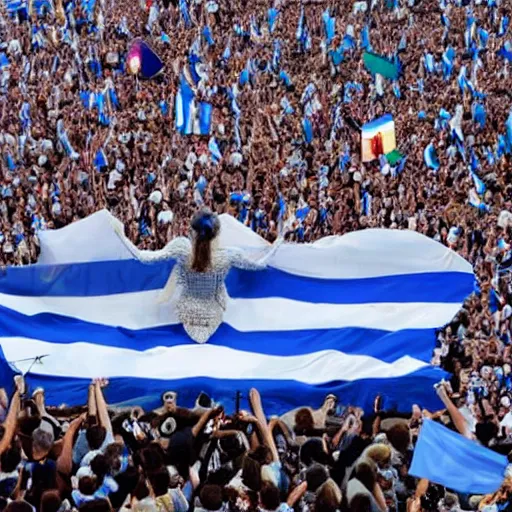 Image similar to Lady Gaga as president, Argentina presidential rally, Argentine flags behind, bokeh, giving a speech, detailed face, Argentina