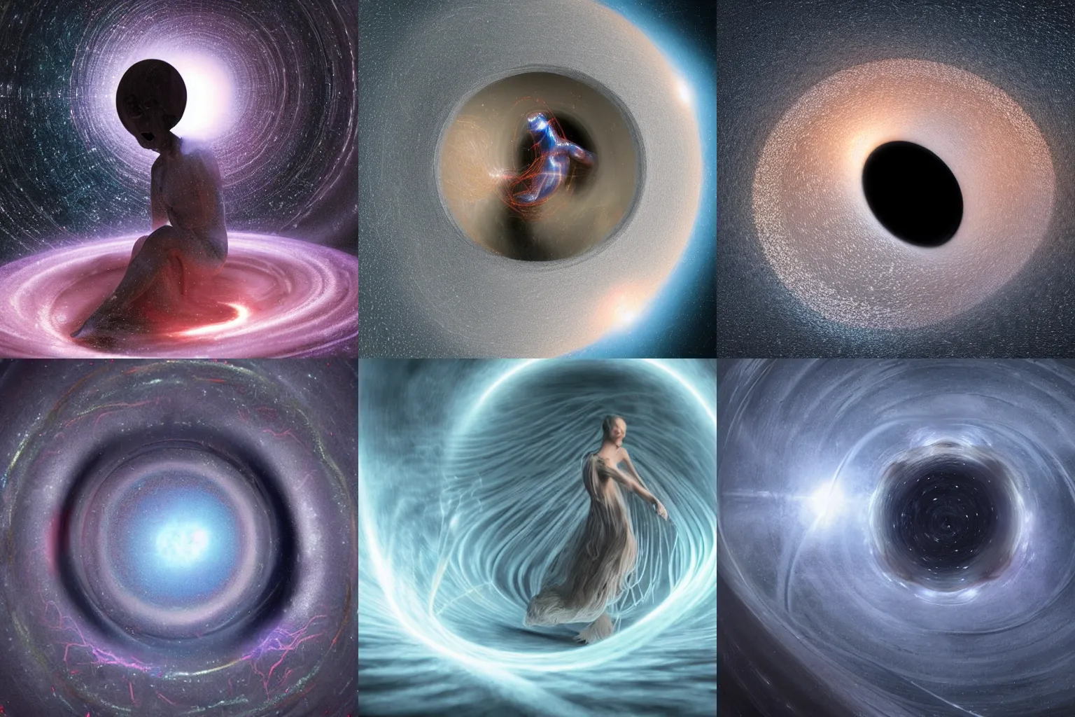 Prompt: an ethereal figure getting delicately pulled and spaghettified into a blackhole, gravitational lenses, photons, dimples, fantasy, hyperrealism, 4k, volumetric lighting,a digitally transformed world, art by Andrew Chiampo, Frederik Heyman