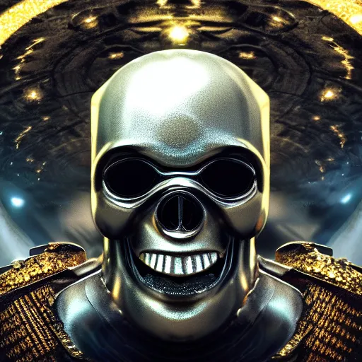 Prompt: high fantasy 1 9 8 0's wargame airbrushed artwork - inspired octane render, a giant silver reflective chrome android wearing a mask shaped like an intricately carved beautiful human skull with glowing laser eyes, golden giant battle armor, inside a futuristic army base