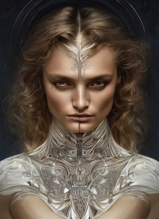 Image similar to symmetry!! edita vilkeviciute, machine parts embedded into face, intricate, elegant, highly detailed, digital painting, artstation, concept art, smooth, sharp focus, illustration, art by artgerm and greg rutkowski and alphonse mucha, 8 k