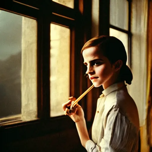 Image similar to Photograph of Emma Watson holding a tobacco pipe by the window. Golden hour, dramatic lighting. Medium shot. CineStill