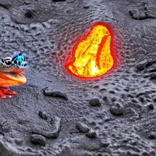 Image similar to frog screaming at an ocean of lava split in two