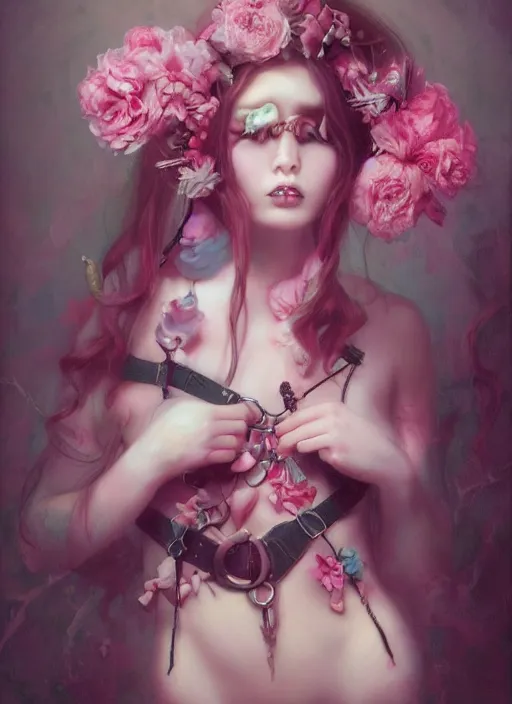 Image similar to pop surrealism, lowbrow art, realistic seductive cute woman painting, pink body harness, long hair, japanese shibari with flowers, hyper realism, muted colours, rococo, natalie shau, loreta lux, tom bagshaw, mark ryden, trevor brown style,