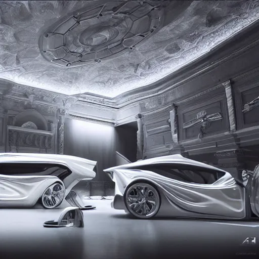 Image similar to full lenght sci-fi cars in the coronation of napoleon painting by Jacques-Louis David and point cloud in the middle and everything in form of zaha hadid architects artwork by caravaggio unreal engine 5 keyshot octane lighting ultra high detail ultra hyper realism 8k 16k in plastic dark tilt shift full-length view