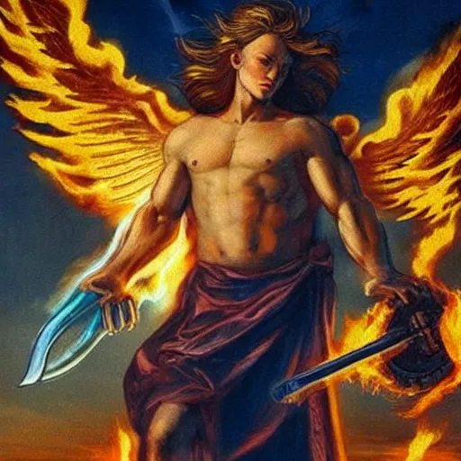 Image similar to strong, masculine angel holding a flaming sword in the sky