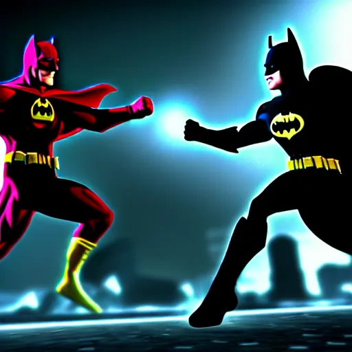 Image similar to ultra detailed picture of a fight where batman is against the flash, unreal engine, extremely detailed, epic, dark, highly realistic, spiritual masterpiece, beautiful, ultra hd