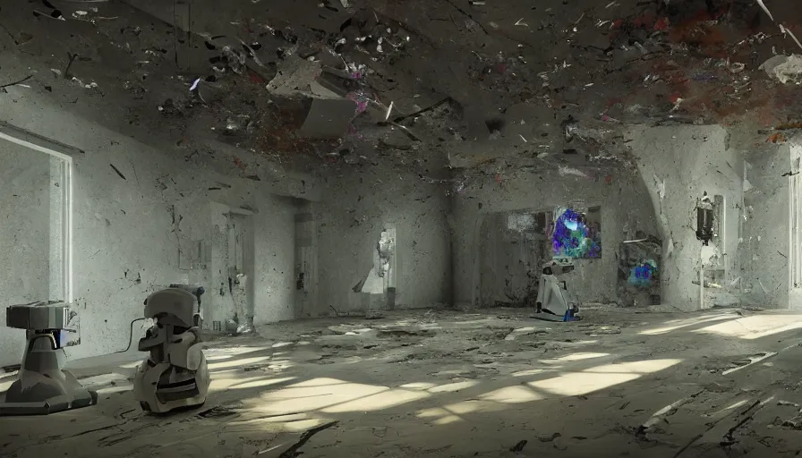 Image similar to robotic painters draw lush landscapes in an abandoned art gallery, 4 k, cinematic lighting