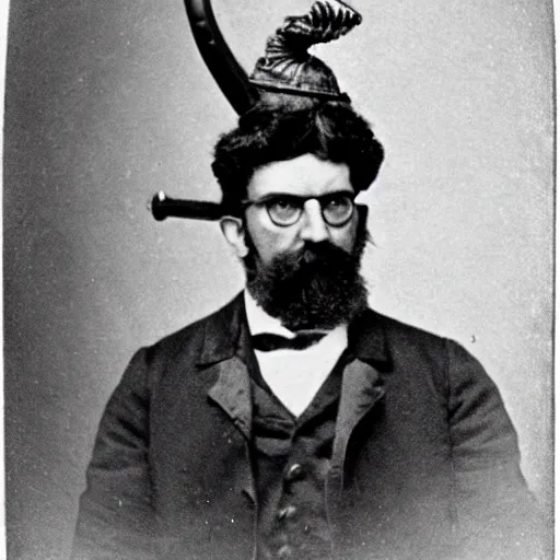 Prompt: victorian era photograph of gordon freeman with a headcrab on his head
