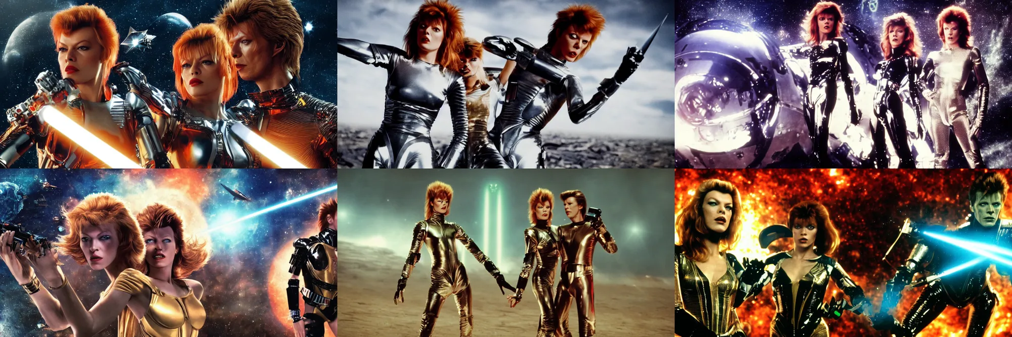 Prompt: a portrait of milla jovovich and david bowie as barbarella wearing a rocknroll glamour spacesuit, beautiful, heroic action pose firing laser guns, soft focus, depth of field, stunning alien landscape, cinematic, film grain, wide shot, in the style of kubrick, ridley scott, jodorowsky, dune, star wars, unreal engine