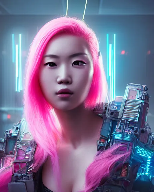 Image similar to portrait of a beautiful asian woman with pink hair as a cyberpunk cyborg half robot, sci - fi, missing panels, intricate abstract upper body intricate artwork, concept art, octane render, deviantart, cinematic, key art, hyperrealism, iridescent accents, portrait photograph, nikon 3 5 mm, photograph by greg rutkowski