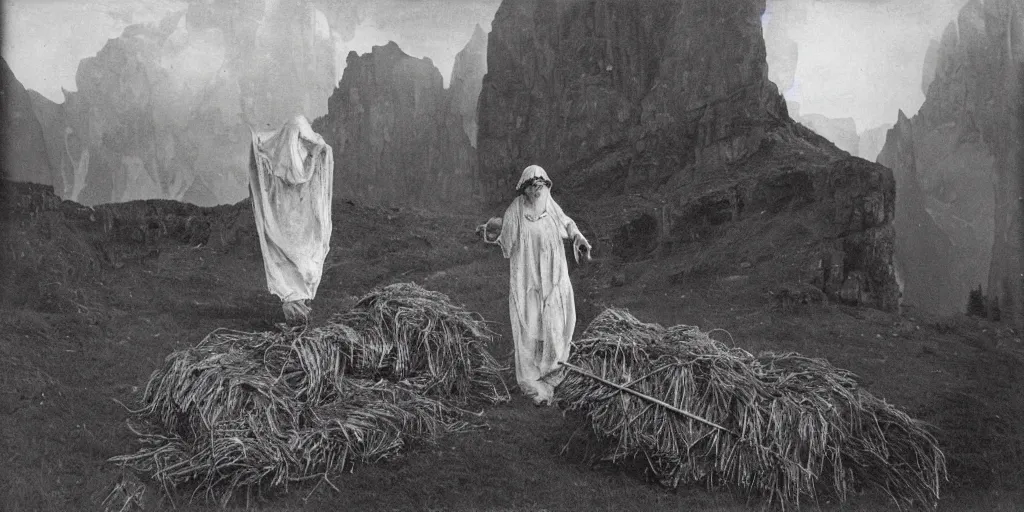 Prompt: 1 9 2 0 s spirit photography of an old female farmer turning into a krampus ghost with hay cloth in the dolomites, by william hope, dark, eerie, grainy