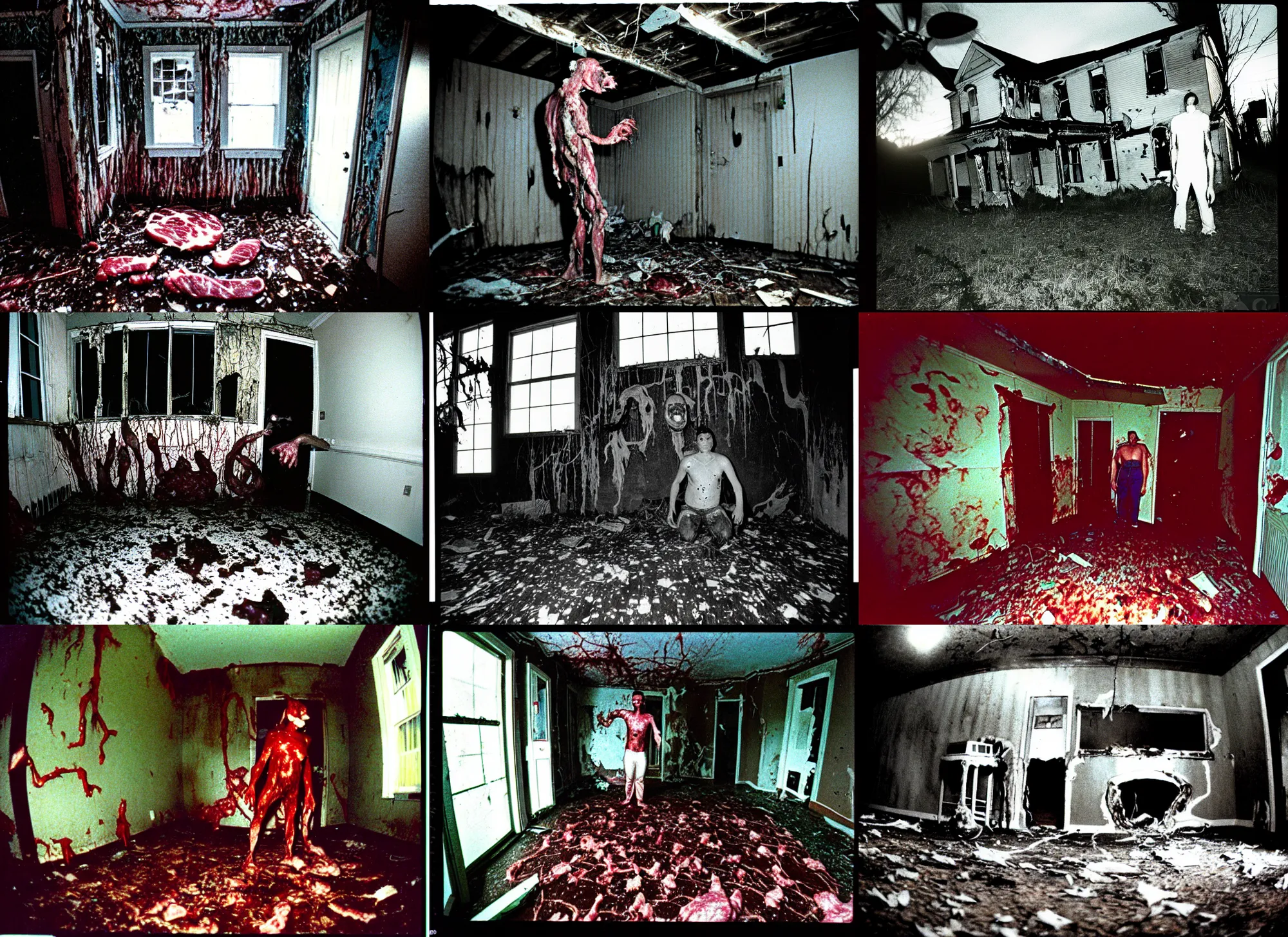 Prompt: 1 9 9 3, disposable camera, flash, pov, old abandoned house, male creature, standing, meat, ooze, slime, veins, wet