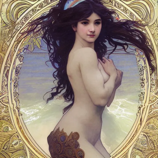 Prompt: beautiful mermaid sticking her head above the water, intricate, art by artgerm and greg rutkowski and alphonse mucha and william - adolphe bouguereau, high detailed, 4 k,