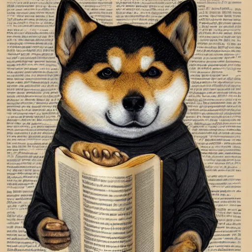 Image similar to lotus pose, anthropomorphic shiba inu, wearing for man ukrainian traditional black vyshyvanka clothes, reading book, portrait art by donato giancola and greg rutkowski, realistic face, digital art, trending on artstation, symmetry