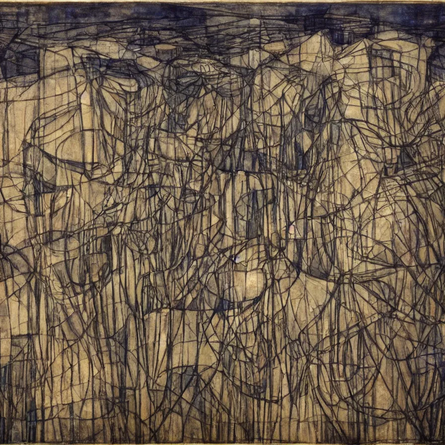 Image similar to artwork about the emancipation road, by margaret macdonald mackintosh. atmospheric ambiance. depth of field and tridimensional perspective. foggy, melancholic.