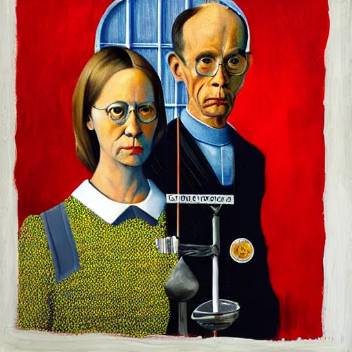 Prompt: the painting American Gothic, but with astronaut suits