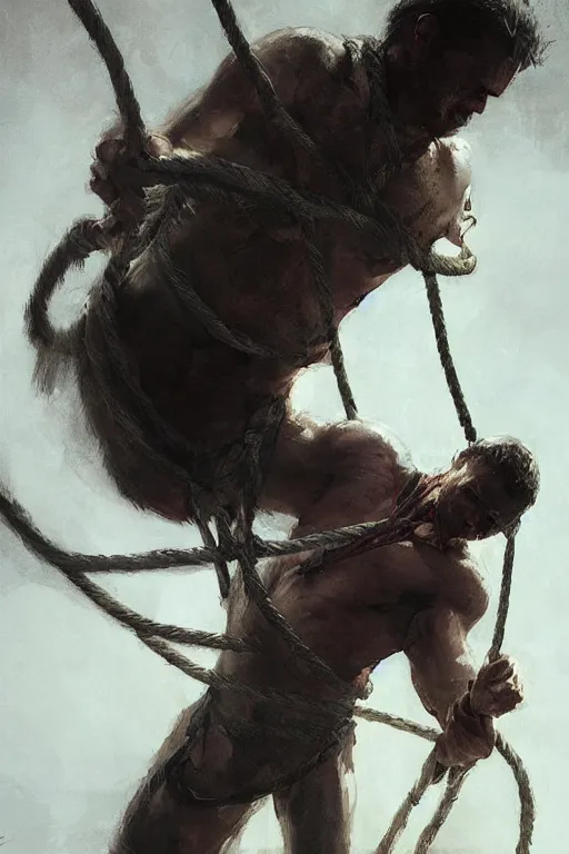 Image similar to “ gilliver ’ s travels ” man tied down by ropes, by greg rutkowski, artgerm, craig mullins, alan lee