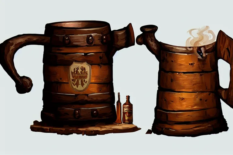 Prompt: closeup of a wooden tankard of ale in a medieval cozy tavern, digital painting, artstation, concept art, smooth, sharp focus, illustration