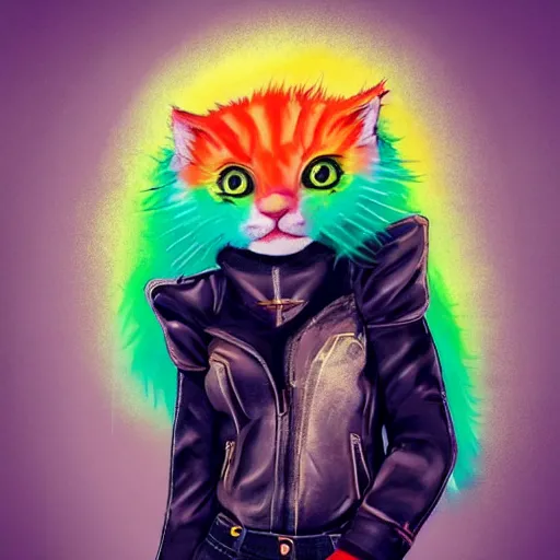 Image similar to wide angle full body, jacket wearing fluffy cute rainbow kitten wearing a black leather motorcycle jacket, cinematic concept art