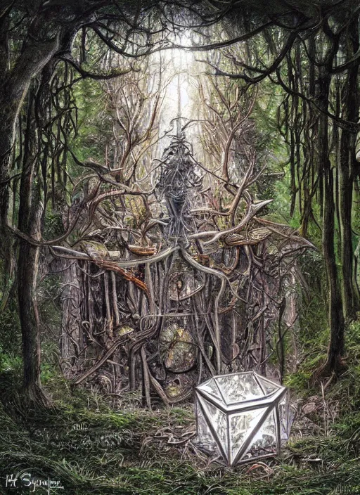 Image similar to a crystal cube in a forest, highly detailed, intricate, concept art, art station, cinematic light, realistic, ethereal light, art by H.R. Giger and sorayama