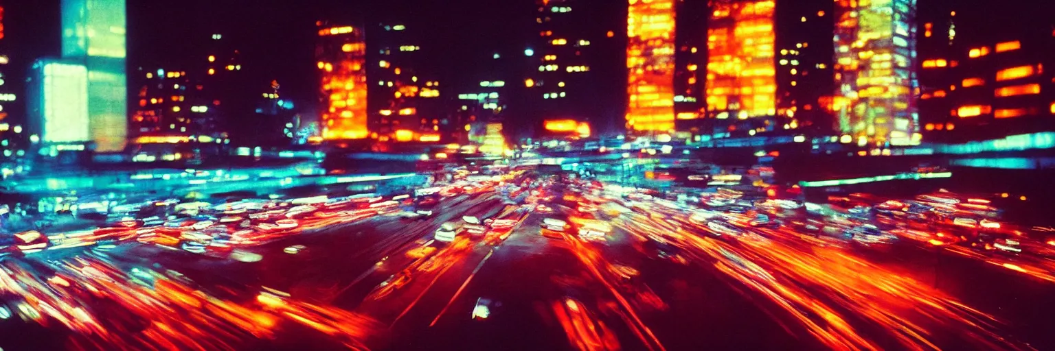 Prompt: 8 0 s neon movie still, portrait of high speed blurred traffic by the river with city in background, medium format color photography, movie directed by kar wai wong, hyperrealistic, photorealistic, high definition, highly detailed, tehnicolor, anamorphic lens