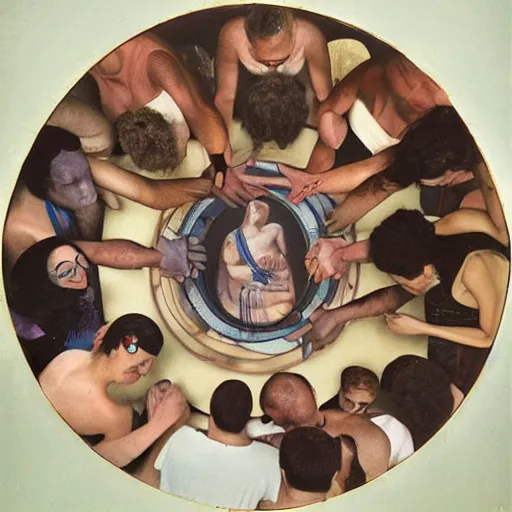 Prompt: A beautiful body art of a group of people standing around a circular table. In the center of the table is a large, open book. The people in the body art are looking at the book with interest and appear to be discussing its contents. obsidian by Edward Steichen, by Scott Listfield neat