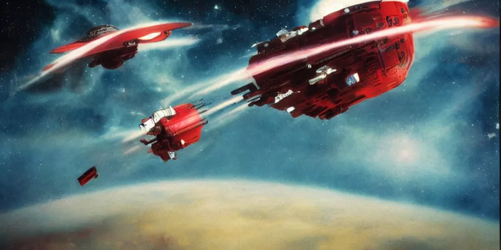 Image similar to Extraordinary white and red spaceship navigating within galaxies, in the style of Chris Foss