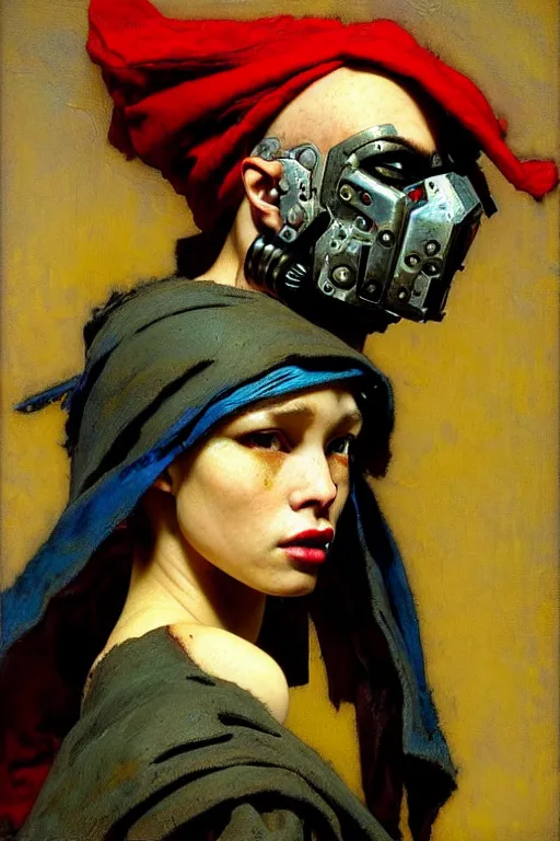 Prompt: full character portrait max mad cyberpunk warhammer 4 0 k, tech priest medic not the girl with the pearl earring character design, painting by gaston bussiere, katsuya terada, wyeth, greg rutkowski, craig mullins, ( ( ( ( ( vermeer ) ) ) ) ), frank frazetta, mucha, tom of finland, trending on artstation