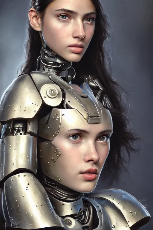 Prompt: a photorealistically painted portrait of an attractive young girl, partially clothed in cybernetic battle armor, with an abstractly painted background, flawless olive skin, fair complexion, long dark hair, beautiful bone structure, perfectly symmetric facial features, perfect photorealistic eyes, natural physique, intricate, elegant, digital painting, concept art, finely detailed, beautifully illustrated, sharp focus, minimal artifacts, volumetric lighting, from Metal Gear, by Ruan Jia and Mandy Jurgens and Artgerm and William-Adolphe Bouguerea, in the style of Greg Rutkowski, trending on Artstation, award winning art