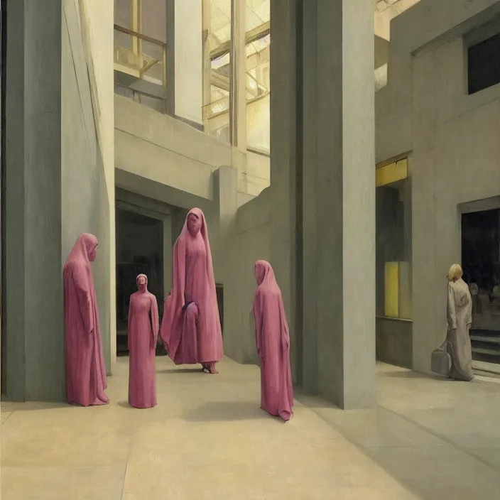 Image similar to magnificent woman in transparent robes, in magnificent shopping mall, oil painting by edward hopper, zdislav beksinski, wayne barlowe