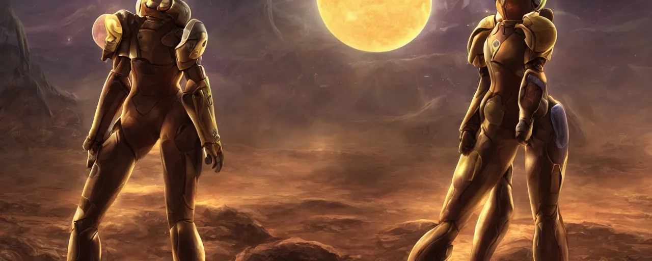 Image similar to Samus in the varia suit standing alone in the middle of a desolate planet, full body shot, wearing her helmet, we see Samus' back as she is looking off into the horizon, the planet is full of otherworldly natural structures, a moon floats above the horizon, she is holding her arm cannon, artstation, digital 2d drawing, high detail